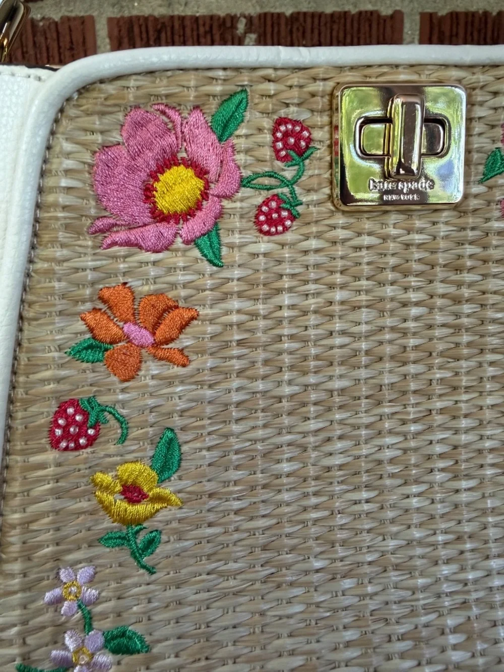 Kate Spade Embroidered Flower and Strawberry Beaded Wicker Purse
